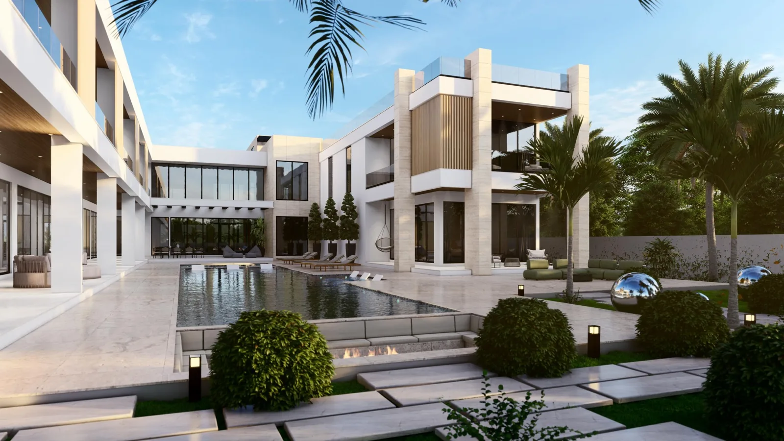 Luxury outdoor living — modern villa with pool and patio designed by Kingdom Konstruction